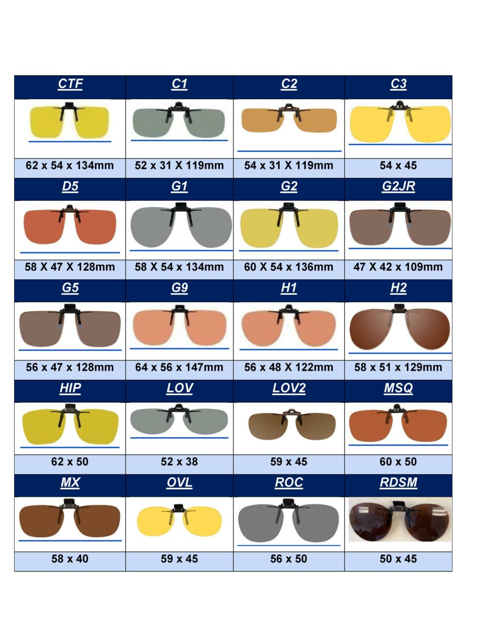 Polarized Clip on Flip up Sizing Chart