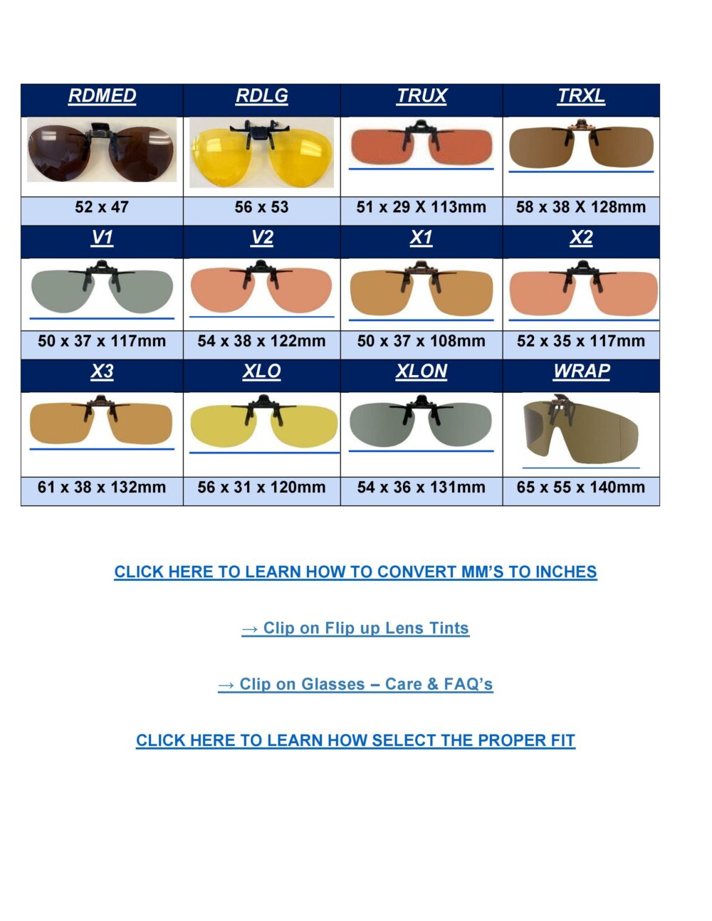 Polarized Clip on Flip up Sizing Chart